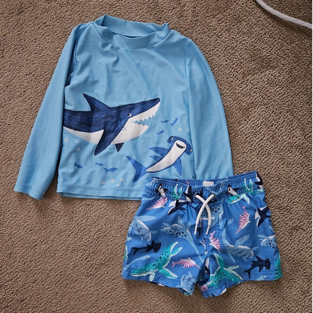 Carter's Shark Rash Guard Swim Trunks Set Boys 3T Blue Long Sleeve UPF Swimwear